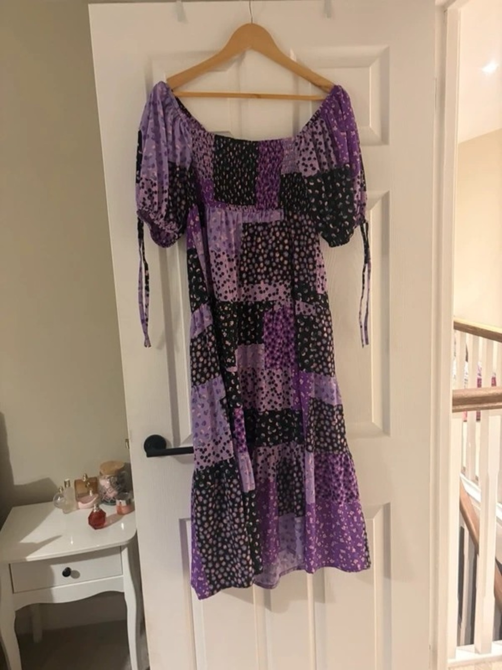 Off-Shoulder Purple Patchwork Midi Dress with Puff Sleeves